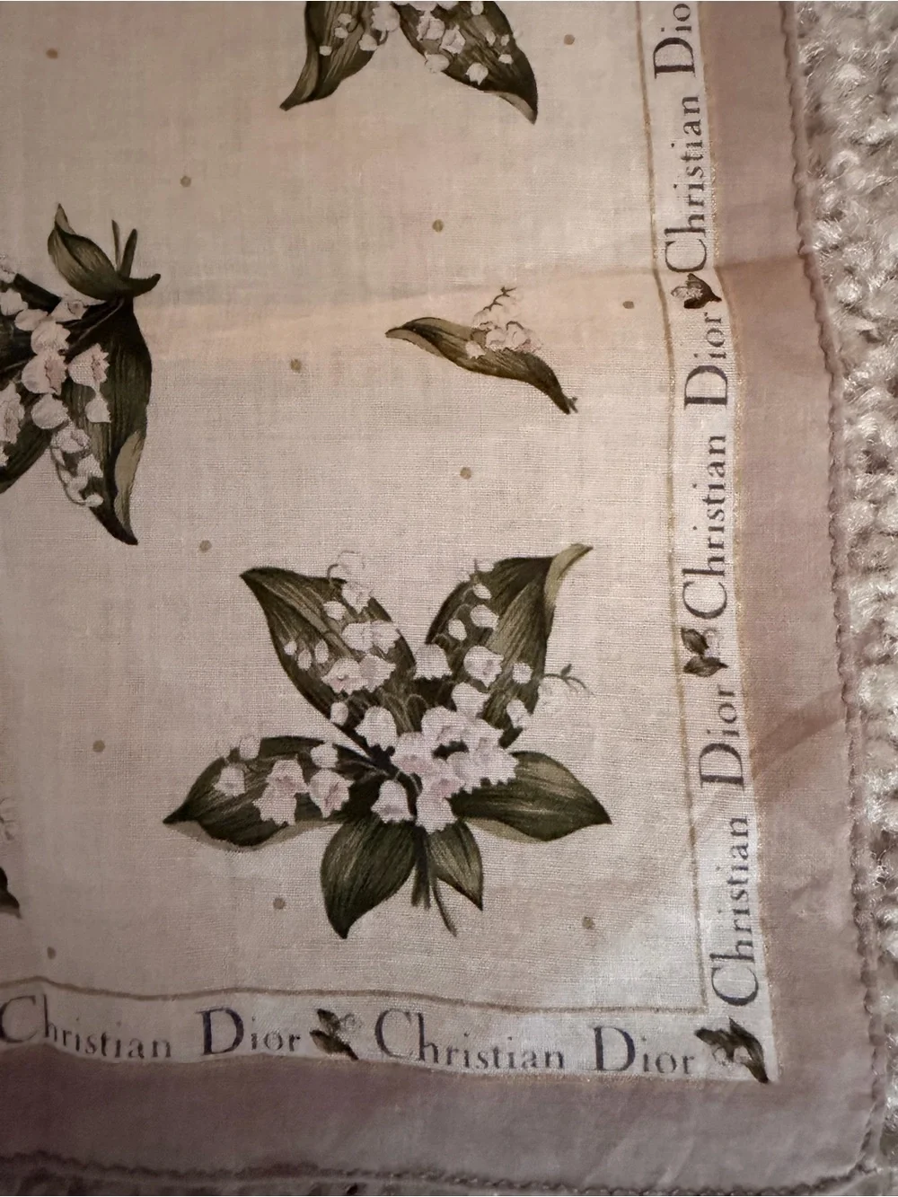Dior Cream Silk Napkin with Green Floral Motif